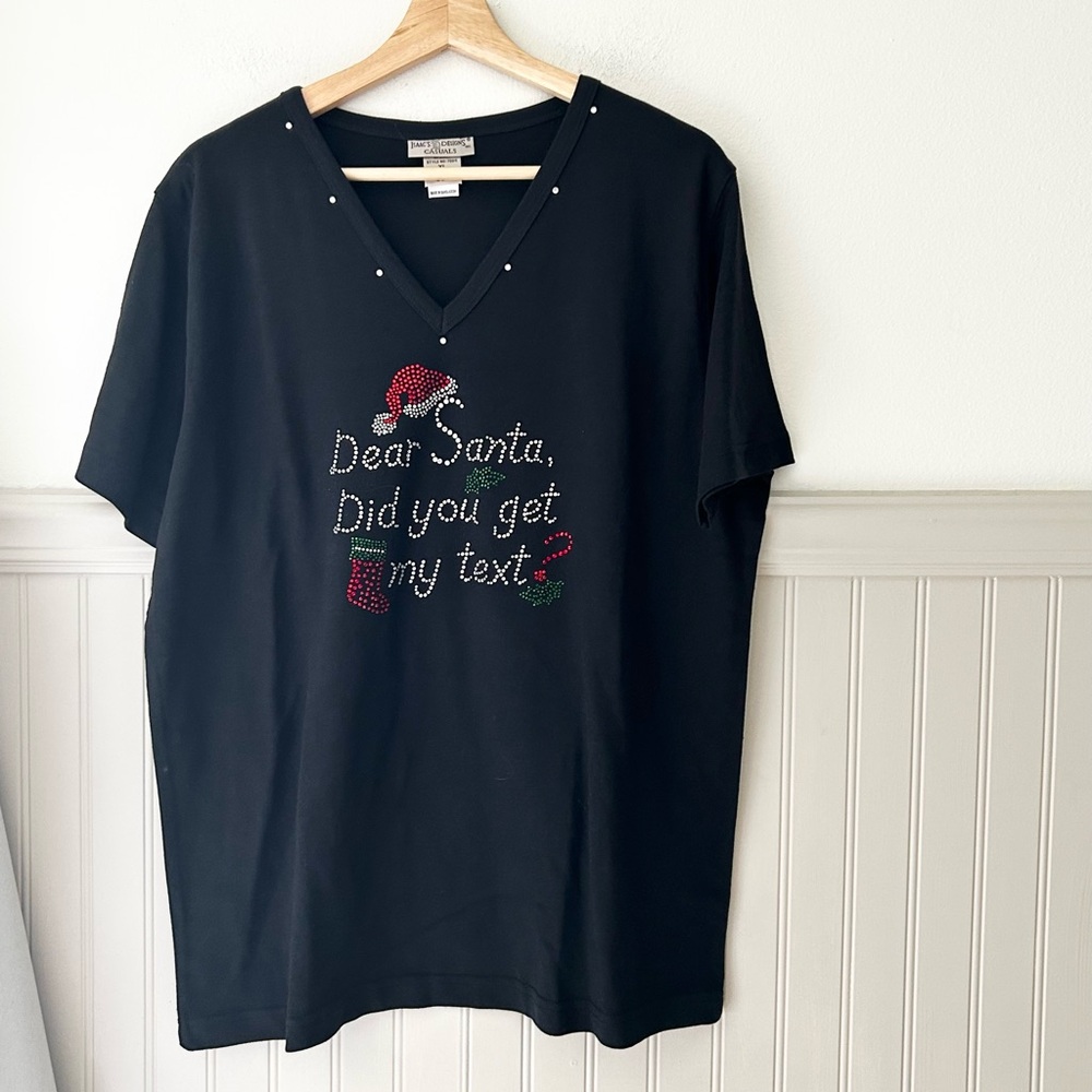 Rhinestone Black XL V-Neck Tee with Festive Santa Christmas Shirt